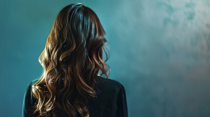 Wall Mural - a woman with long hair standing in front of a wall with a blue background