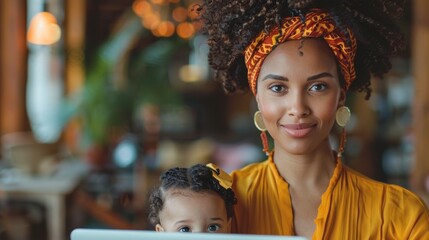 Sticker - A woman is holding a baby and smiling, woman parent working at home