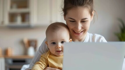 Sticker - A woman is holding a baby and looking at a laptop, woman parent working at home