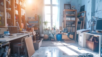 A before-and-after comparison of a dusty, cluttered room transformed into a tidy, organized space after spring cleaning, with a blank background for adding promotional messages