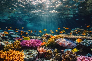 Vibrant Coral Reef Ecosystem with Sunbeams