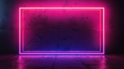 Wall Mural - Glowing pink neon rectangular frame against a dark background