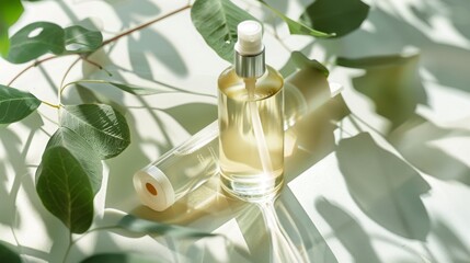 Poster - A glass bottle of liquid with a pump top sits on a white surface surrounded by green leaves.