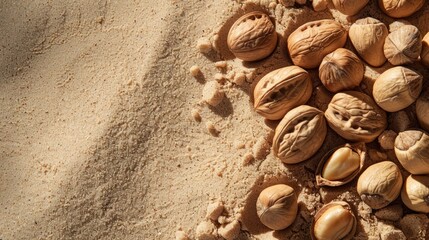 Wall Mural - Walnuts on sand, omega-3 rich brain boosting nuts