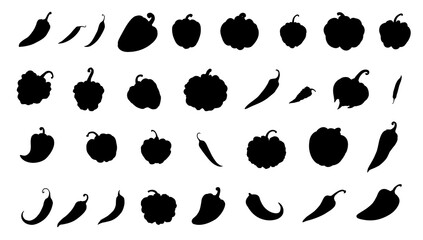 Silhouette set of many types of pepper. Hot chilly isolated pepper collection. Transparent background PNG