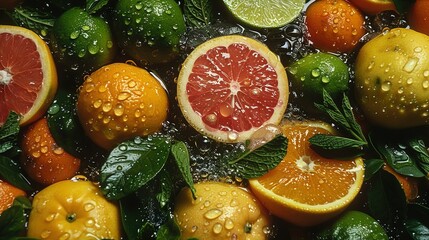 Wall Mural -   A group of grapefruits, limes, oranges, and lemons with water droplets on them