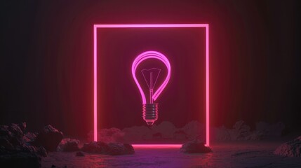 Canvas Print - Neon light bulb with a glowing pink hue, set within a square frame that also emits a pink light