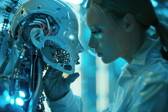 A scientist examines the head of a robot in a laboratory setting