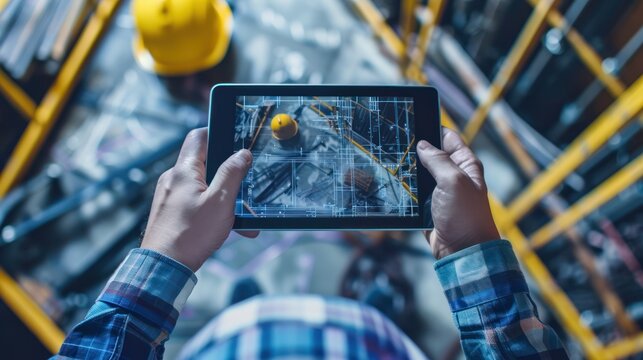 A close-up image of a construction worker's hands holding a tablet with building schematics, with space around for adding text or graphics related to digital project management 