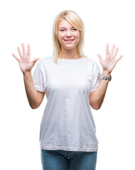 Poster - Young beautiful blonde woman wearing white t-shirt over isolated background showing and pointing up with fingers number ten while smiling confident and happy.