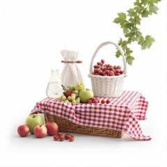 Wall Mural - A basket of fruit is on a checkered tablecloth. The basket contains apples, grapes, and strawberries. The apples are green and red, and the grapes are purple