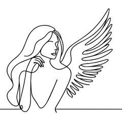 line art drawing of woman angel with wings, line art of an ange