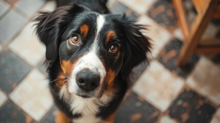 Wall Mural - Close up of a tri colored dog with a playful expression near the camera against a checkered floor