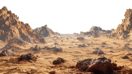 A barren desert landscape featuring rocks and sandy terrain, suitable for use in travel or adventure-themed projects