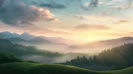 Wall Mural - A beautiful mountain landscape with a sun setting in the background. The sky is filled with clouds, creating a serene and peaceful atmosphere. The mountains are covered in lush green trees