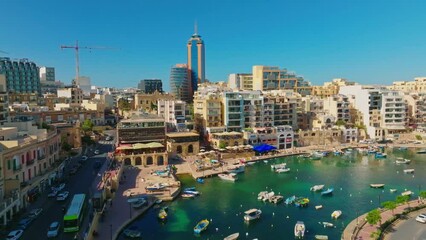 Wall Mural - Drone view of St. Julian's city and towers, marina. Malta i