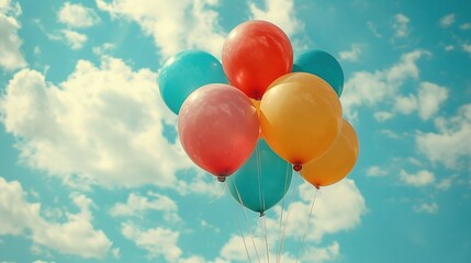 Poster -   A blue sky with balloons floating in it and clouds in the background