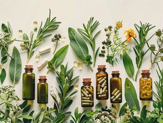 Wall Mural - Assorted herbal supplements, capsules, and essential oil bottles with fresh herbs and flowers on a light background, showcasing natural wellness.
