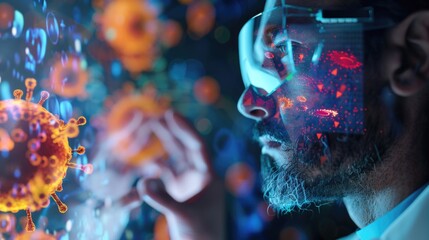 Poster - A person in a lab coat and goggles focusing on a computer screen, possibly conducting research or analyzing data