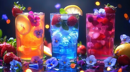 Poster -   A set of three glassess holding distinct beverages beside lemons, strawberries and blueberries