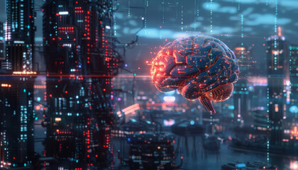 Wall Mural - A brain is shown in a cityscape with a futuristic feel by AI generated image