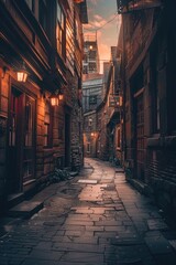 Poster - A narrow alleyway with a clock tower visible in the distance
