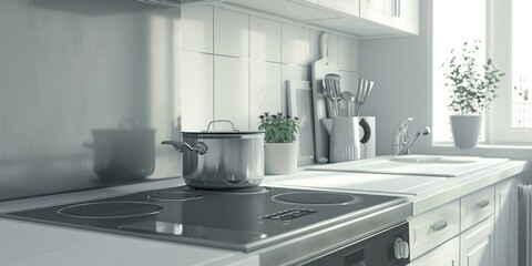 Wall Mural - A kitchen scene with a stove top and a pot cooking on it, suitable for use in recipes or home decor images