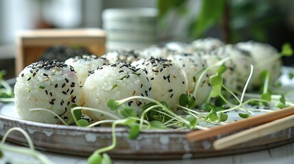 Poster -   A plate piled high with rice balls garnished with sprouts and seasoning rests beside chopsticks on the table