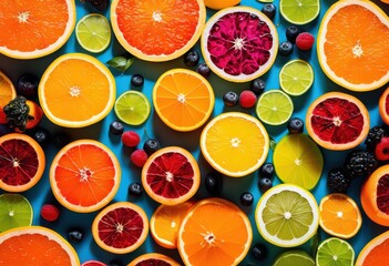 Wall Mural - vibrant fruit slices floating clear fresh citrus tropical fruits colorful healthy food concept, liquid, refreshing, juicy, bright, ripe, exotic, sweet, yellow