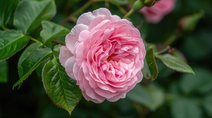 Poster - Close up of pink rose in bloom with green foliage backdrop