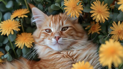 Wall Mural -   A close-up of a feline reclining amidst a bouquet of blossoms, with its solitary eye gazing at the lens