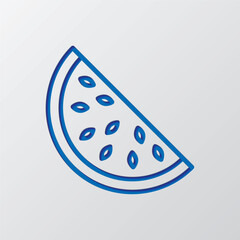 Watermelon  half slice simple icon vector. Flat design. Paper cut design. Cutted blue symbol with shadow. Gray background