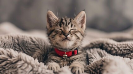 Sticker - Cute Kitten with Eyes Closed on Blanket with Red Collar and Bell