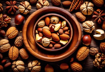 Wall Mural - assorted nuts arranged wooden healthy snack mix food display, almonds, pistachios, walnuts, cashews, hazelnuts, pecans, brazil, macadamia, nutmeg, pine