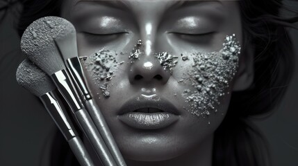 Sticker - make up brushes and powder, fashion background  