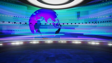 Wall Mural - TV news global, virtual studio background. Perfect also for online shows or live events. Modern 3D rendering video backdrop loop, suitable on VR system stage sets, with green screen