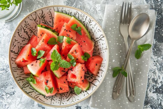 Freshly cut watermelon pieces with mint in a patterned bowl, summer fruit concept