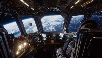 Wall Mural - a man is sitting in a spaceship cockpit looking out at the earth by ai generated image