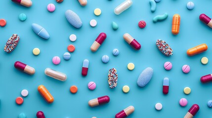 Wall Mural - A variety of colorful pills and capsules arranged on a blue background, illustrating different types of medication and supplements.