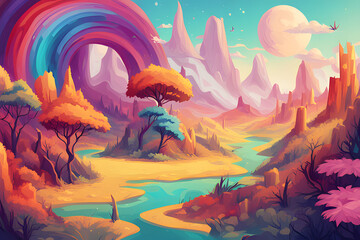 Canvas Print - A vibrant sky swirls with pinks, oranges, and blues. Lush, floating islands dot the horizon, while fantastical creatures roam in the foreground bathed in bioluminescent light. 