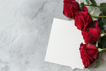 Red roses on a marble background with blank white cards, perfect for love notes, invitations, or romantic messages.