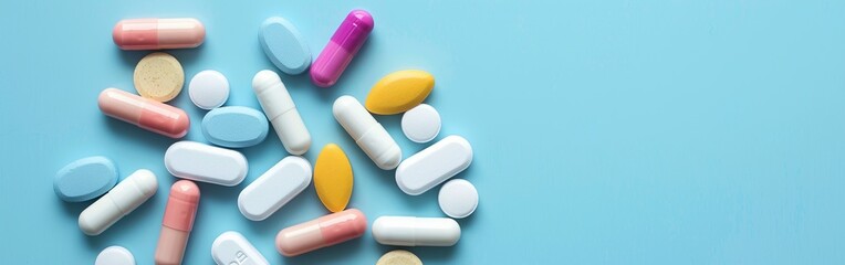 Wall Mural - A variety of colorful pills and capsules scattered on a blue background, representing diverse medication and supplements. With copy space for text.