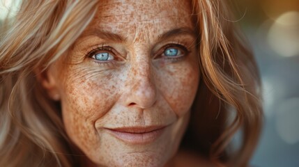 Wall Mural - A close-up portrait of a woman in her 60s with gracefully aging skin, showcasing fine lines and a few age spots, reflecting wisdom and beauty