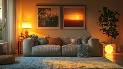 Wall Mural - A living room with a couch, a lamp, and two pictures on the wall