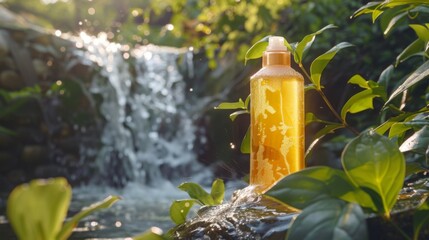 Wall Mural - A golden bottle sits by a flowing waterfall in a lush green setting. The water is sparkling in the sunlight, and the leaves are vibrant green.