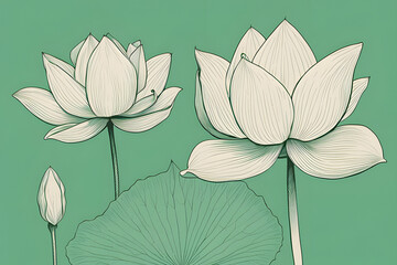 Wall Mural - A graceful lotus flower, rendered in detailed pencil strokes, rests on a single leaf. Isolated on a green background with ample copy space.