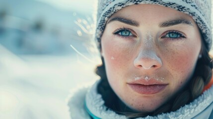 Wall Mural - The close up picture of the person looking at the camera with the white snow background in the middle of the snowy ice field, the skill require for ice field are fitness, ice safety knowledge. AIG43.