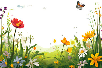 Wall Mural - Lush green grass and colorful wildflowers stretch towards a clear blue sky. Daffodils, tulips, and daisies dance in the gentle breeze, promising a fresh and joyful spring season.