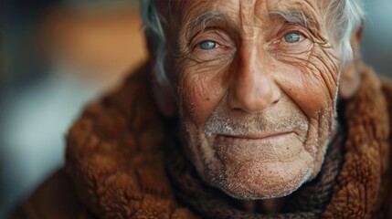 Poster - A quiet, blind old man with deep wrinkles smile gently