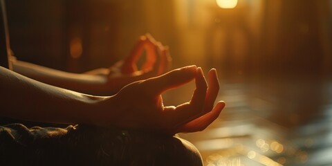 Person practicing meditation with hands in mudra position during sunset, focusing on mindfulness and relaxation in warm, tranquil lighting.